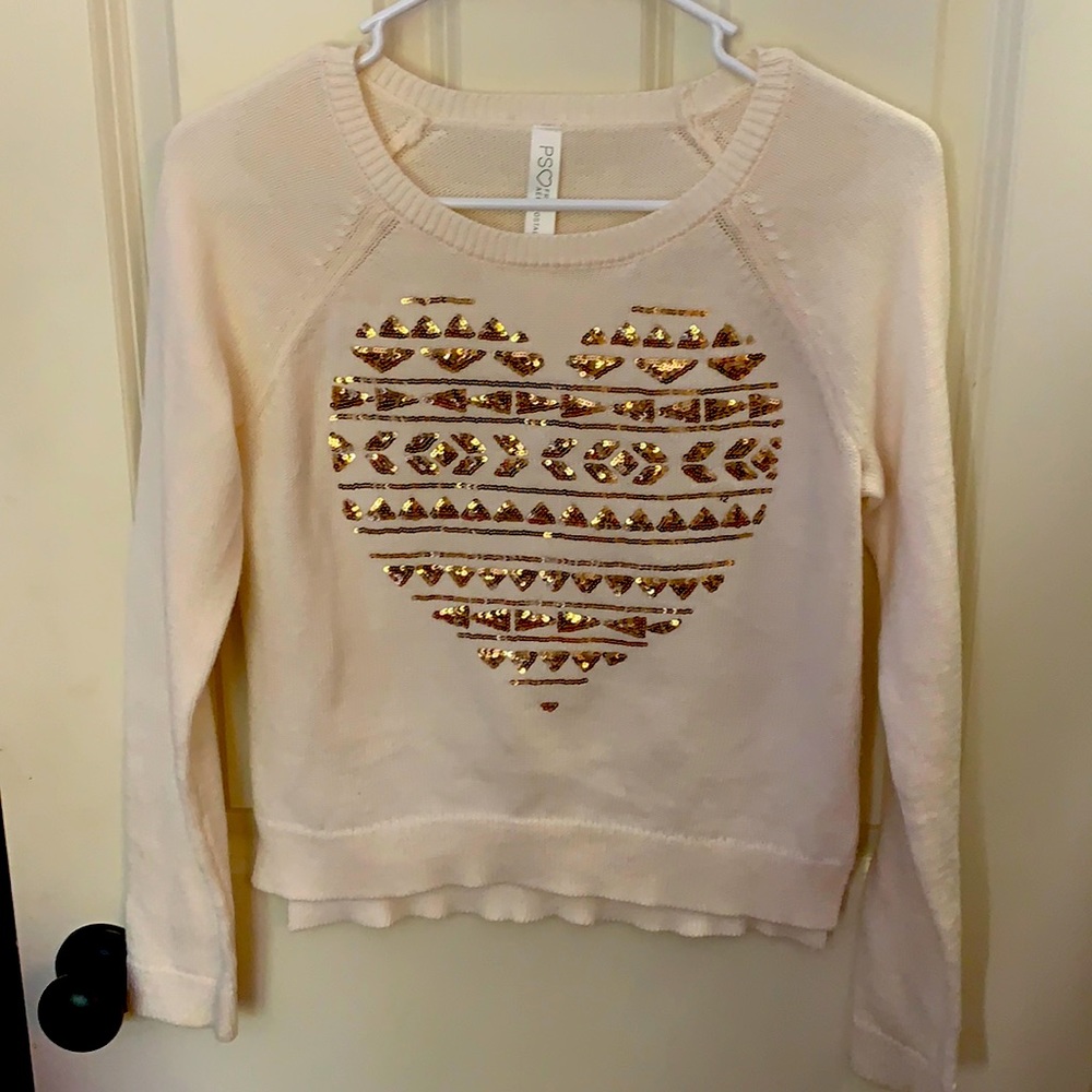 Cream Colored Sweater with Gold Heart Sequin
